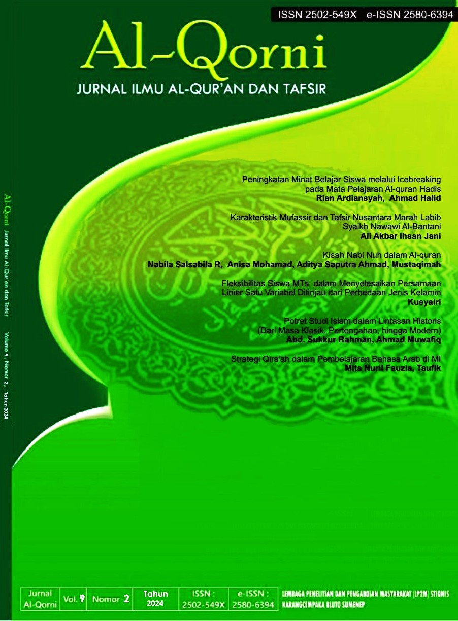 					View Vol. 9 No. 2 (2024): Al-Qorni Jurnal Ilmu Al-Qur'an dan Tafsir
				