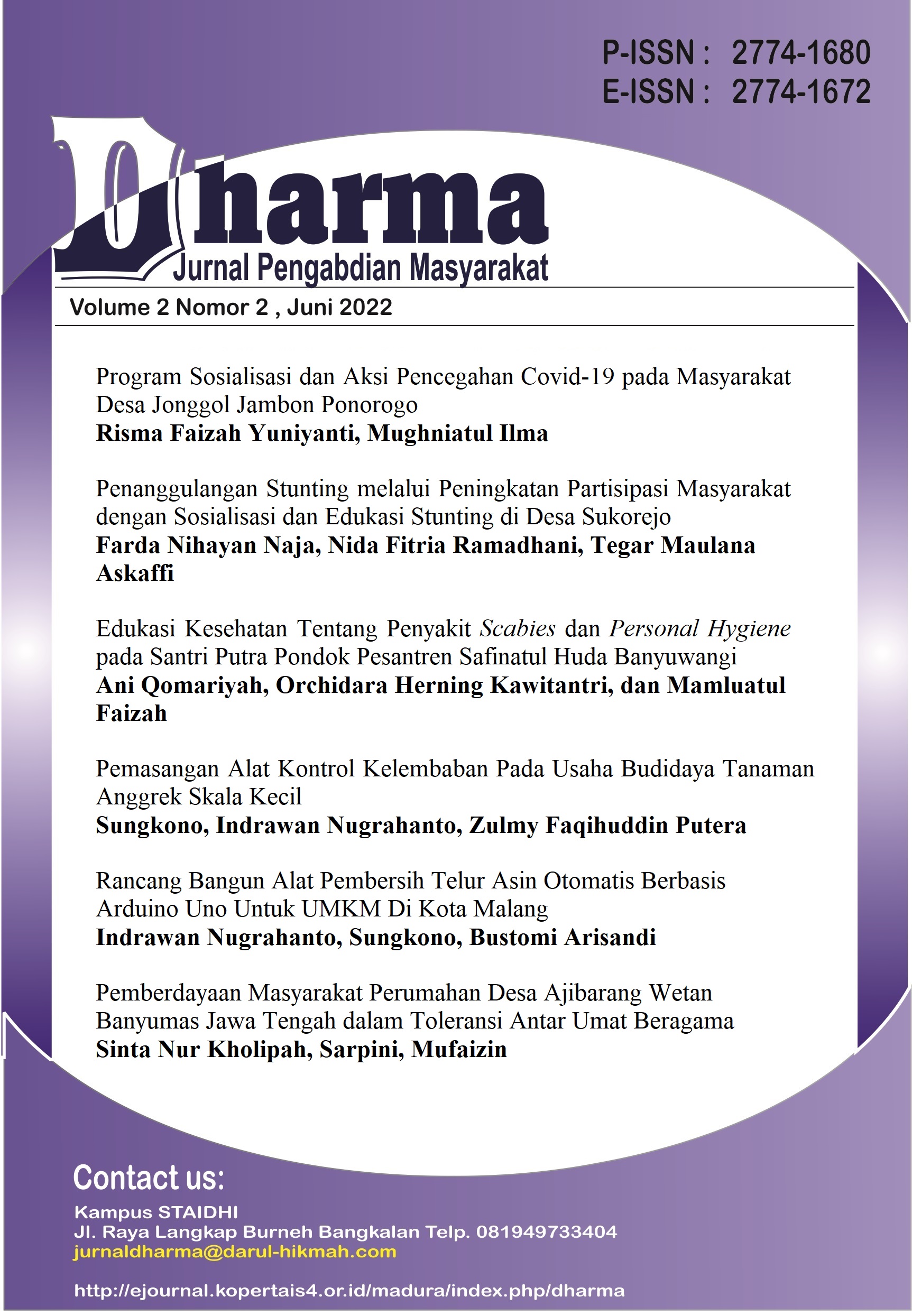 Dharma: Jurnal Pengabdian Masyarakat adalah Jurnal yang di terbitkan oleh LPPPM STAI Darul Hikmah Bangkalan
